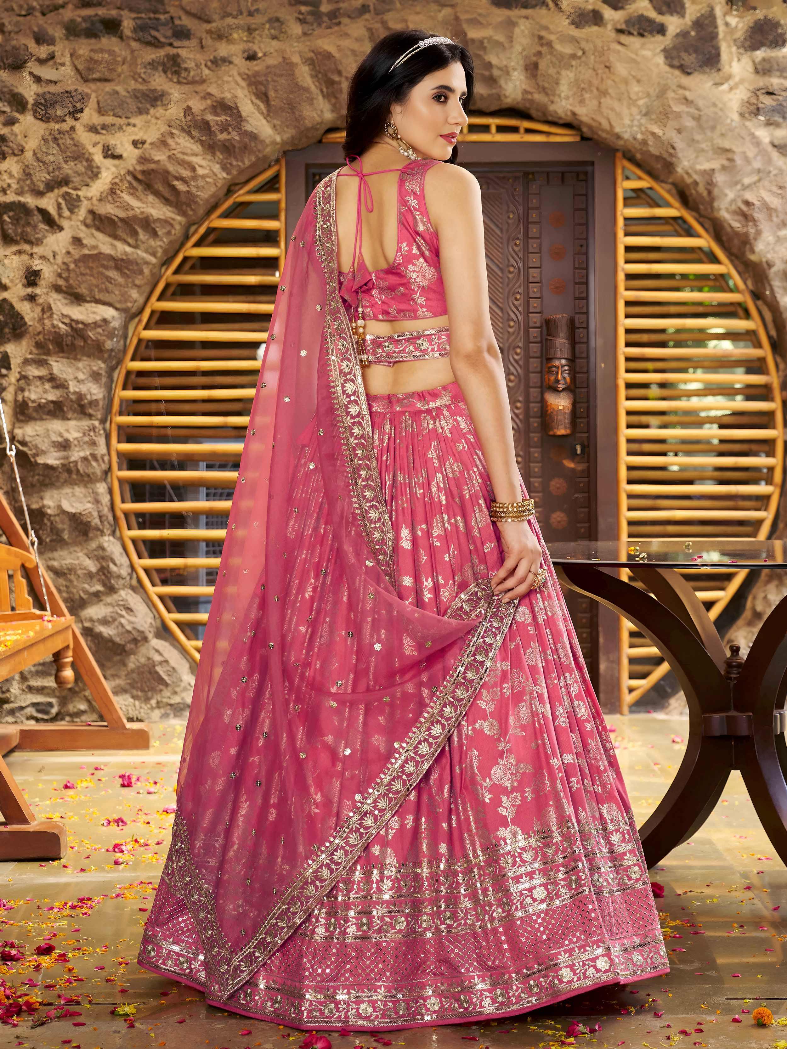 Peach Dola silk jacquard embroidered lehenga choli with dupatta