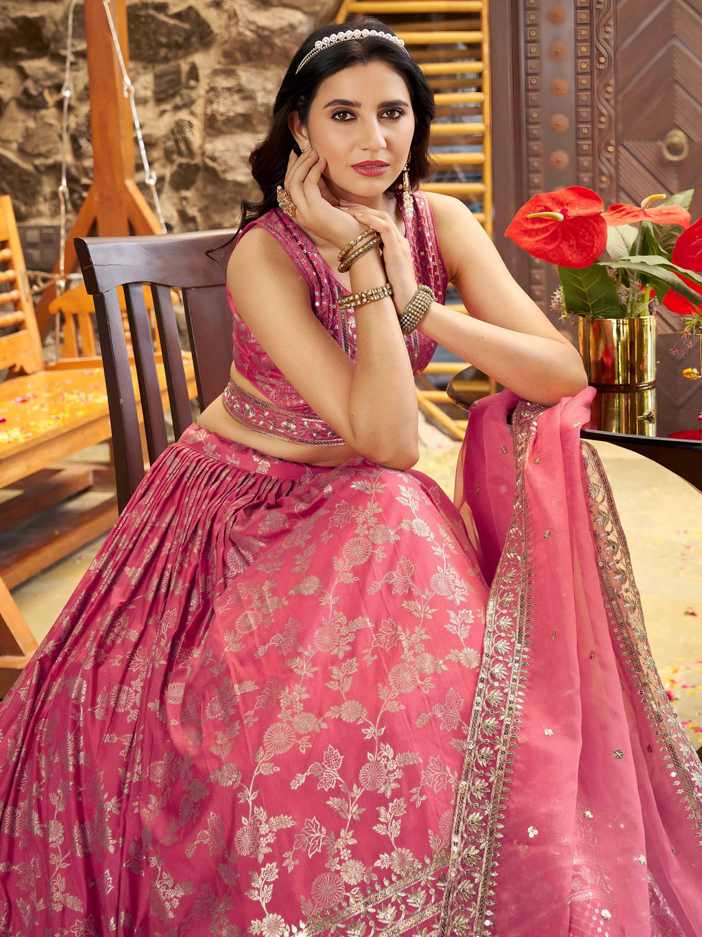 Peach Dola silk jacquard embroidered lehenga choli with dupatta