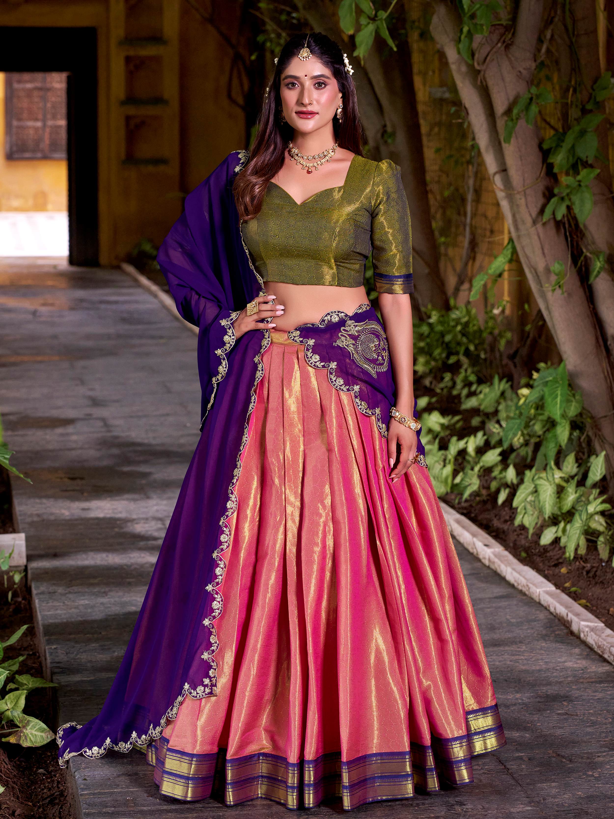 Peach Zari Weaving Sequins Embroidered Kanchipuram Silk Lehenga Choli