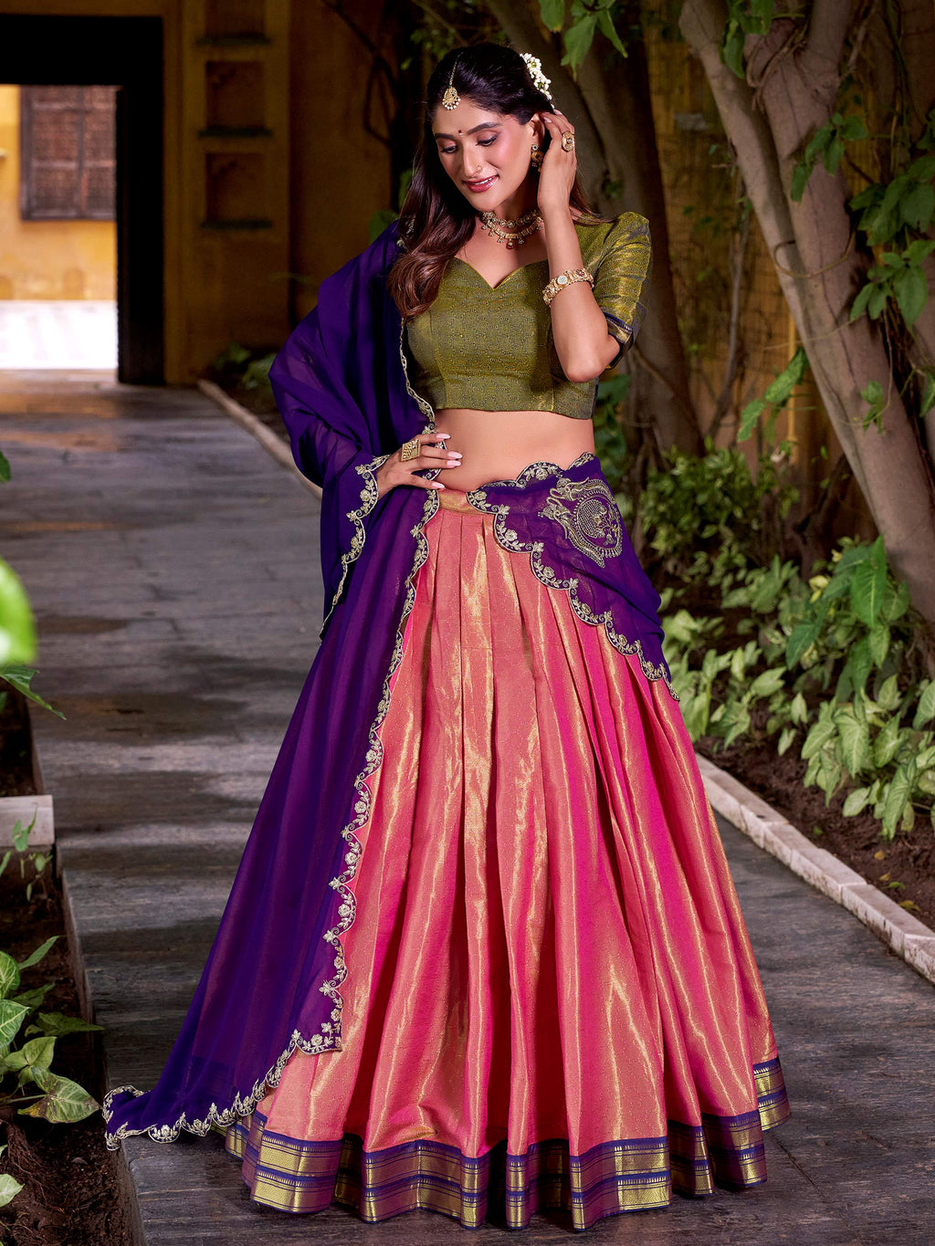 Peach Zari Weaving Sequins Embroidered Kanchipuram Silk Lehenga Choli