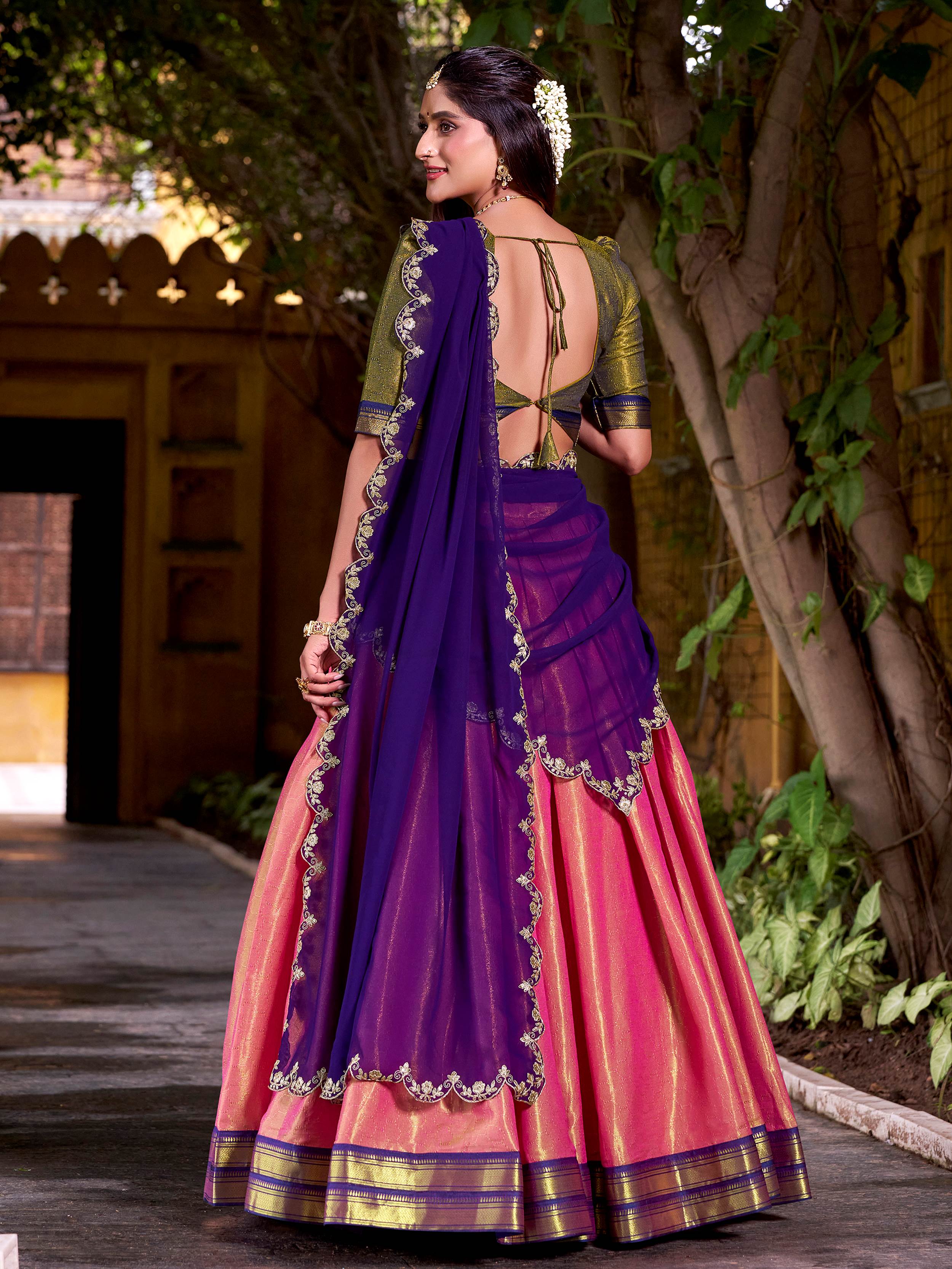 Peach Zari Weaving Sequins Embroidered Kanchipuram Silk Lehenga Choli