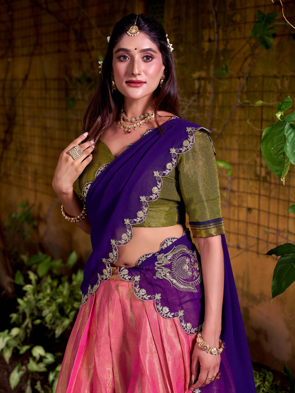 Peach Zari Weaving Sequins Embroidered Kanchipuram Silk Lehenga Choli