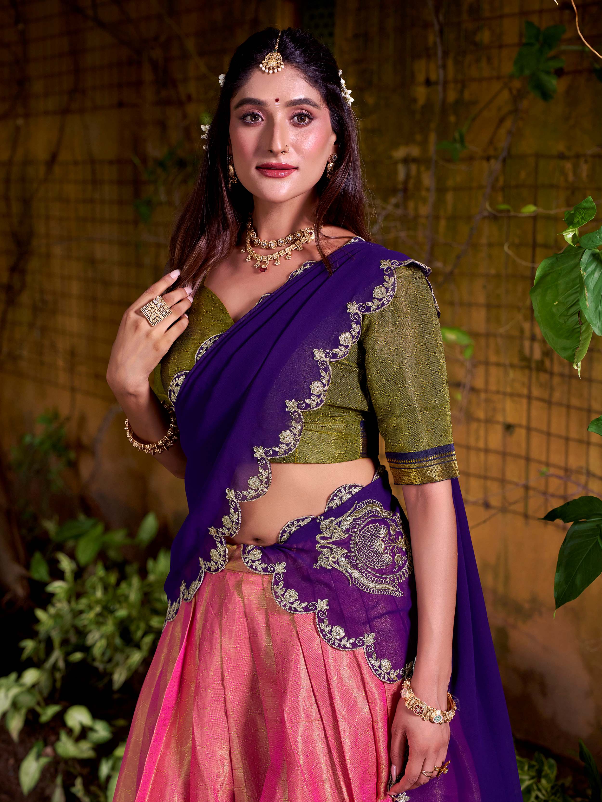 Peach Zari Weaving Sequins Embroidered Kanchipuram Silk Lehenga Choli