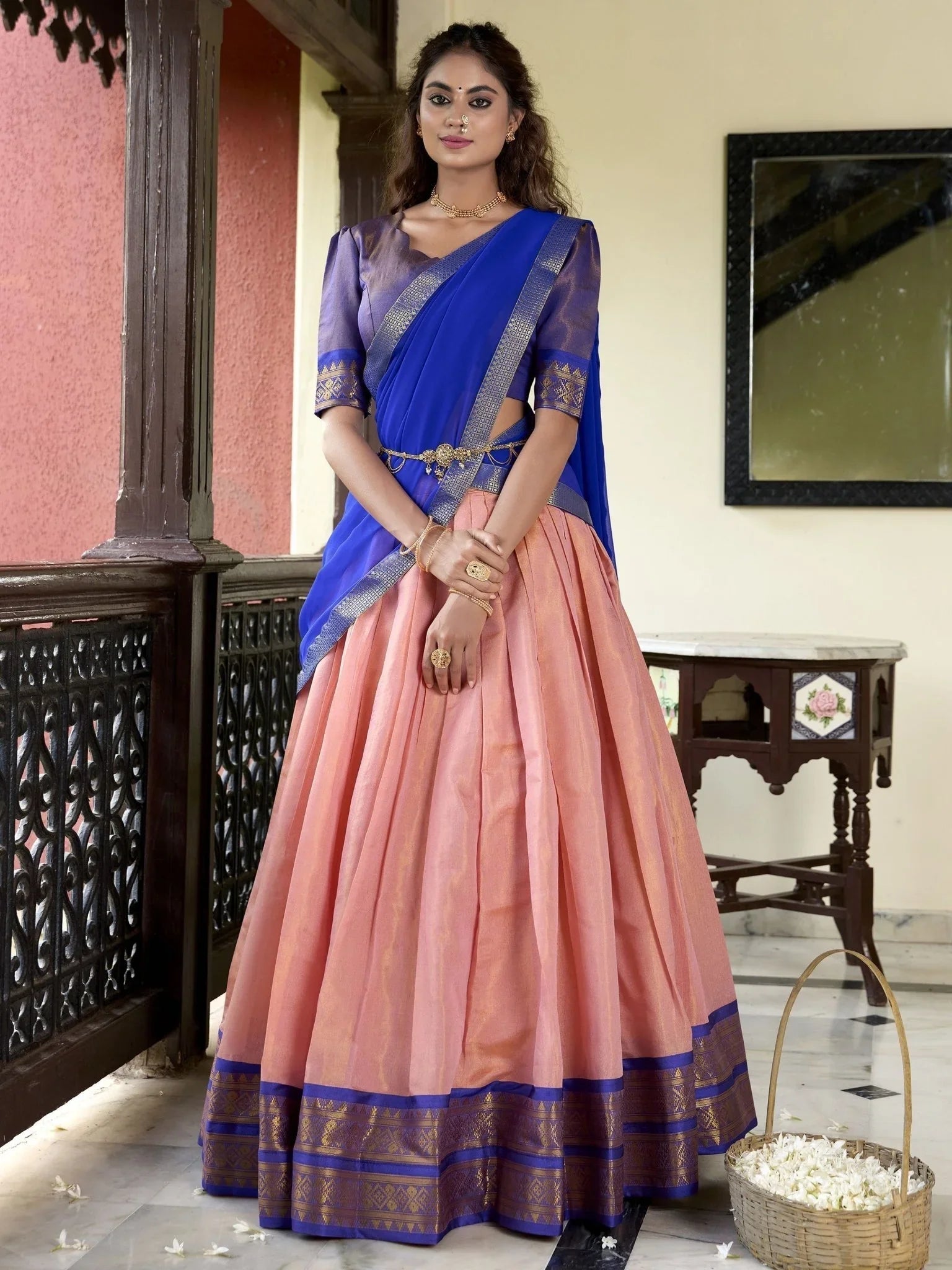 Peach Zari Weaving Work Kanchipuram Silk Lehenga Choli with Dupatta