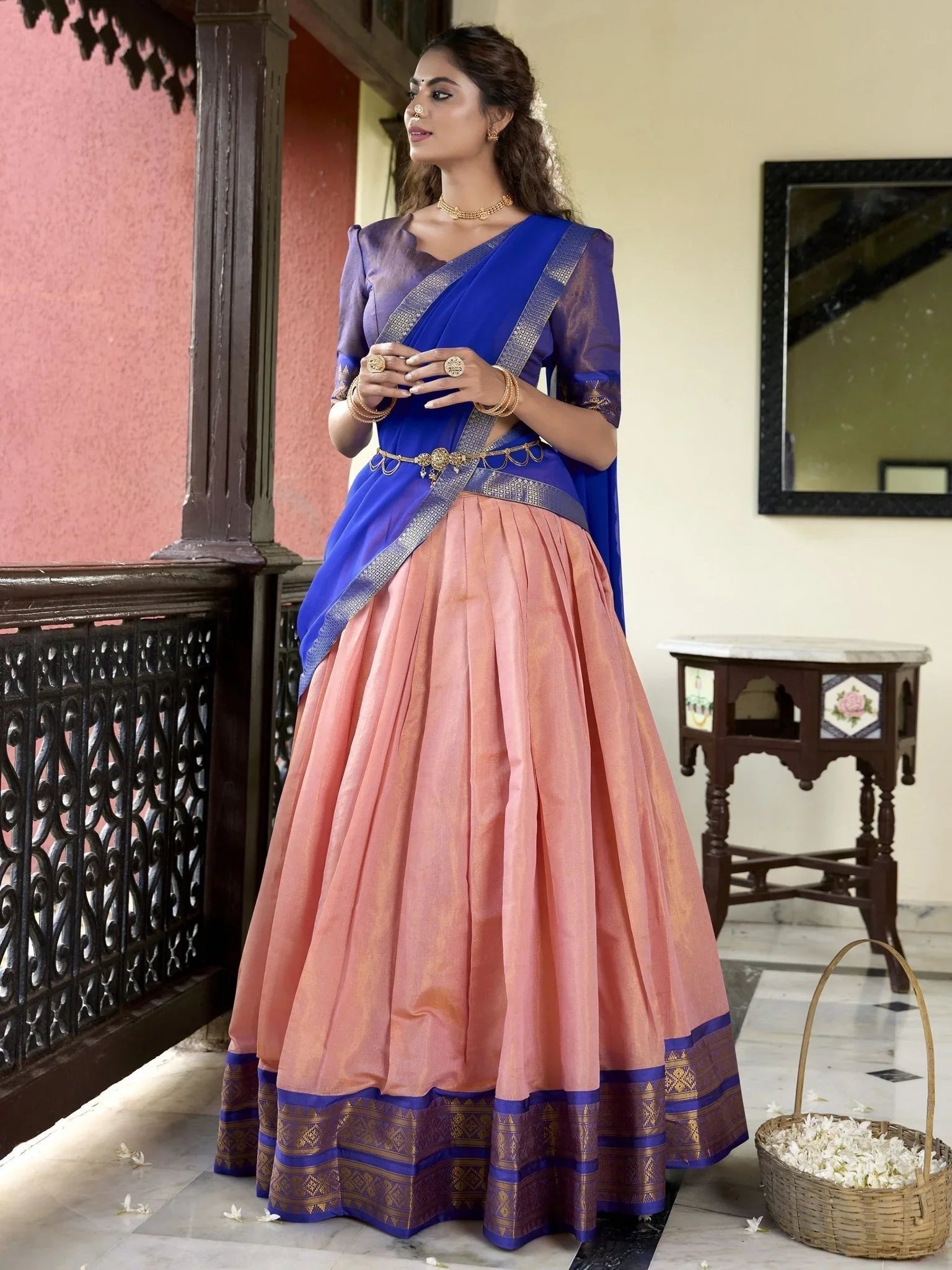 Peach Zari Weaving Work Kanchipuram Silk Lehenga Choli with Dupatta