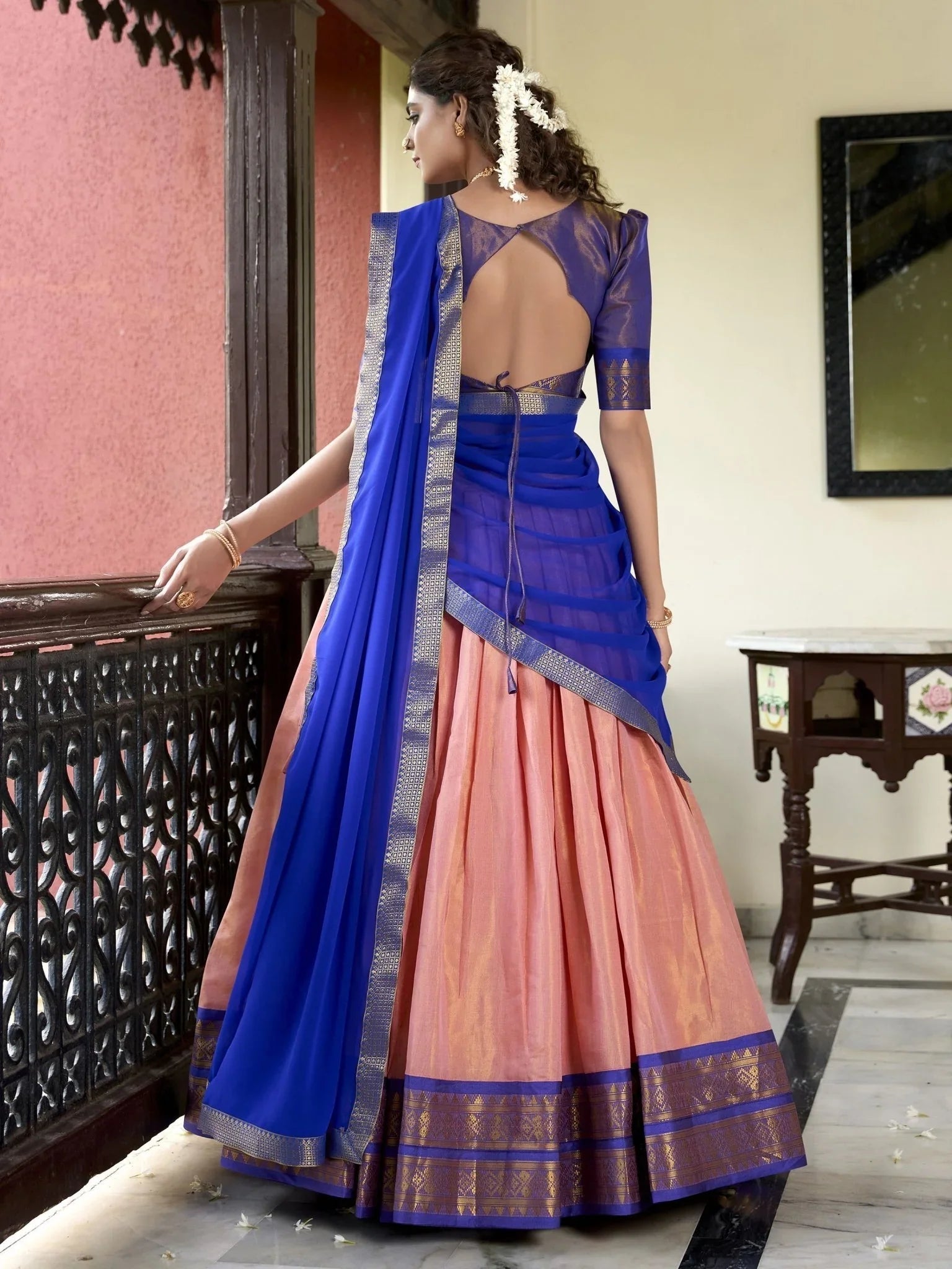 Peach Zari Weaving Work Kanchipuram Silk Lehenga Choli with Dupatta