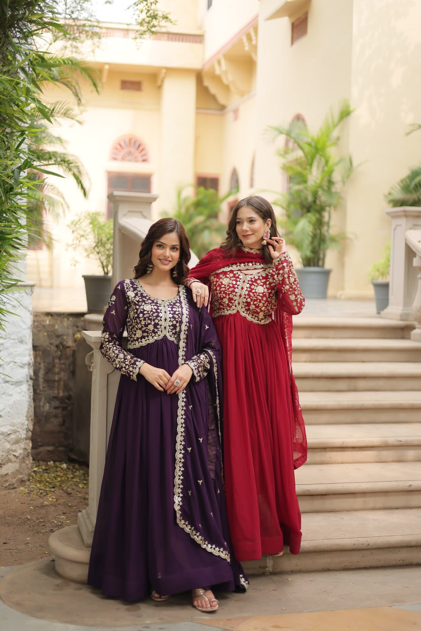 AMRITA PREMIUM WINE FAUX BLOOMING GOWN WITH SEQUINS EMBROIDERED WORK