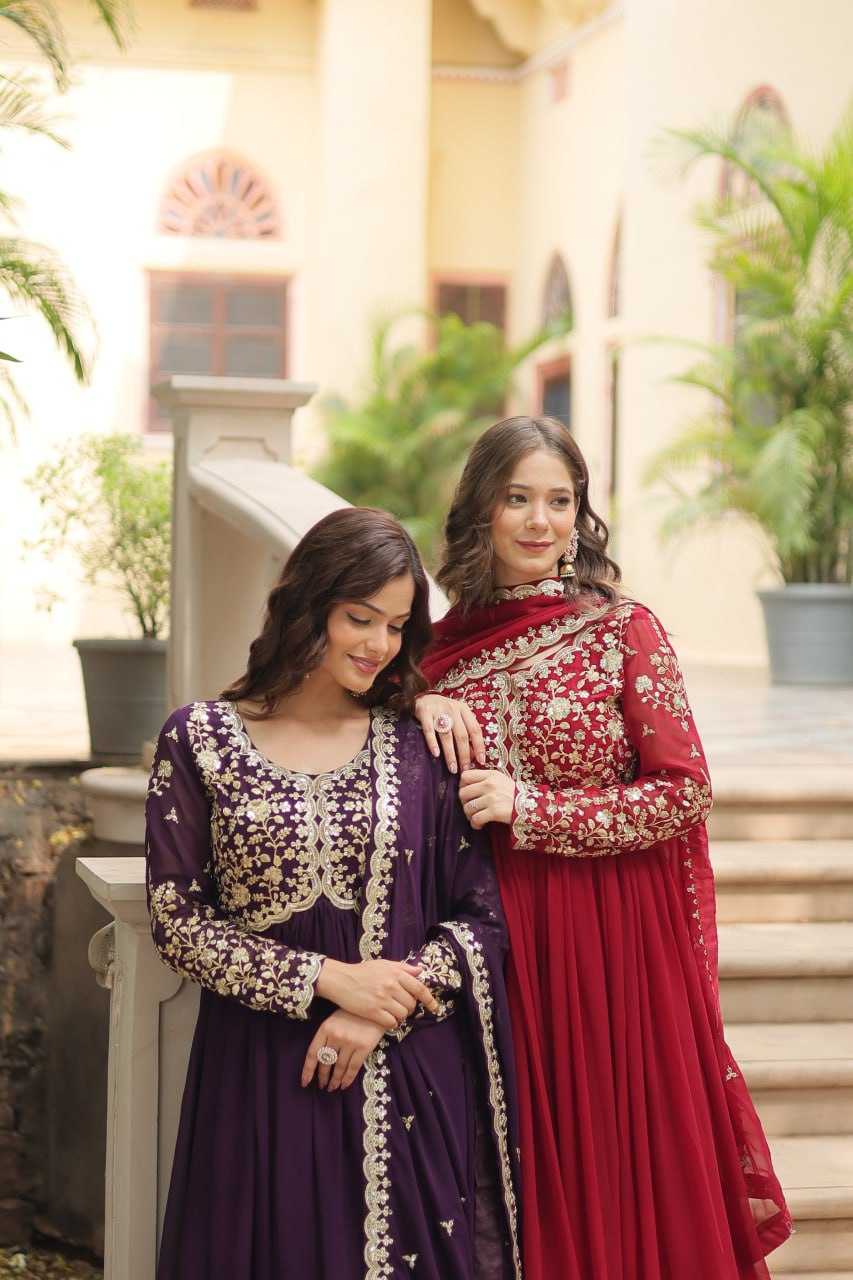 AMRITA PREMIUM WINE FAUX BLOOMING GOWN WITH SEQUINS EMBROIDERED WORK