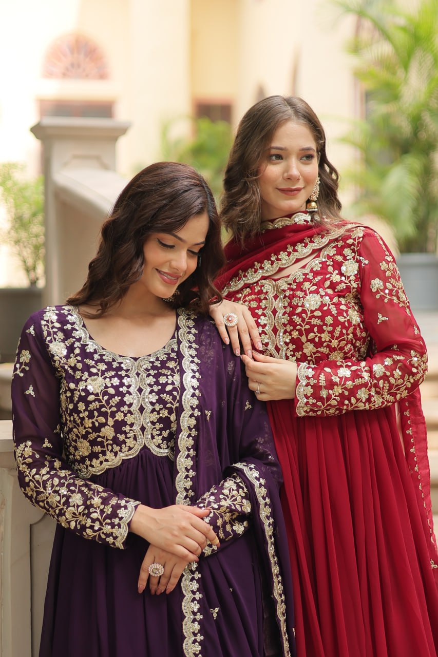 AMRITA PREMIUM WINE FAUX BLOOMING GOWN WITH SEQUINS EMBROIDERED WORK