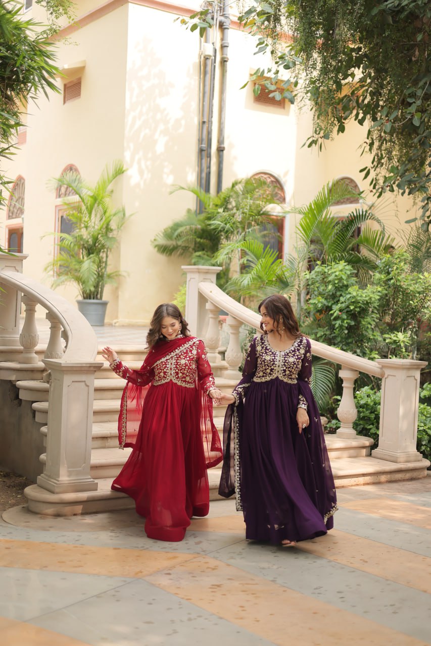 AMRITA PREMIUM WINE FAUX BLOOMING GOWN WITH SEQUINS EMBROIDERED WORK