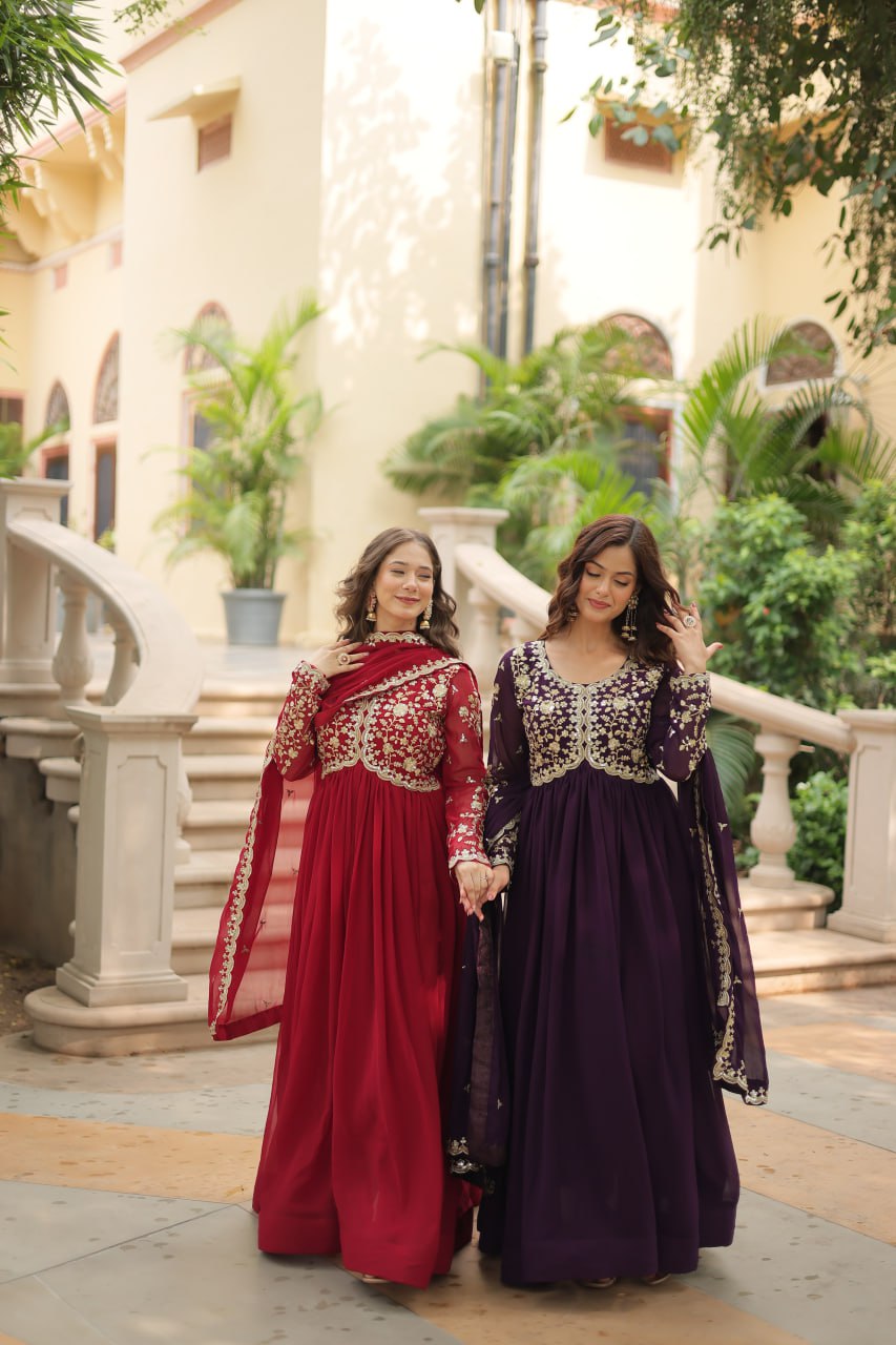 AMRITA PREMIUM WINE FAUX BLOOMING GOWN WITH SEQUINS EMBROIDERED WORK
