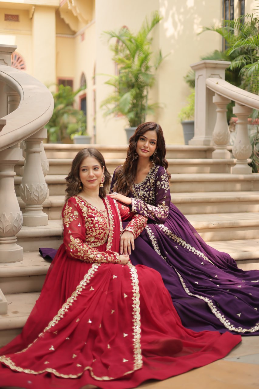 AMRITA PREMIUM WINE FAUX BLOOMING GOWN WITH SEQUINS EMBROIDERED WORK