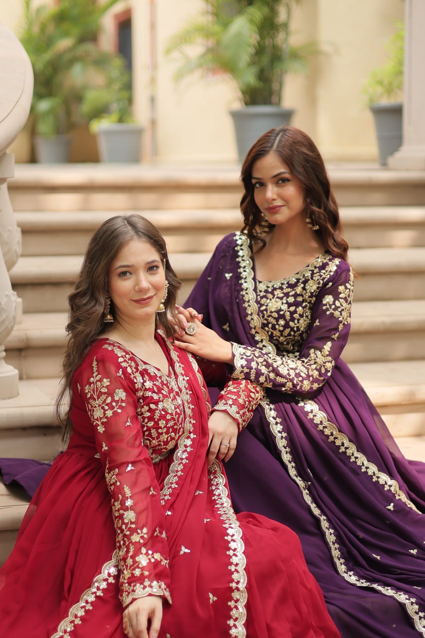 AMRITA PREMIUM WINE FAUX BLOOMING GOWN WITH SEQUINS EMBROIDERED WORK