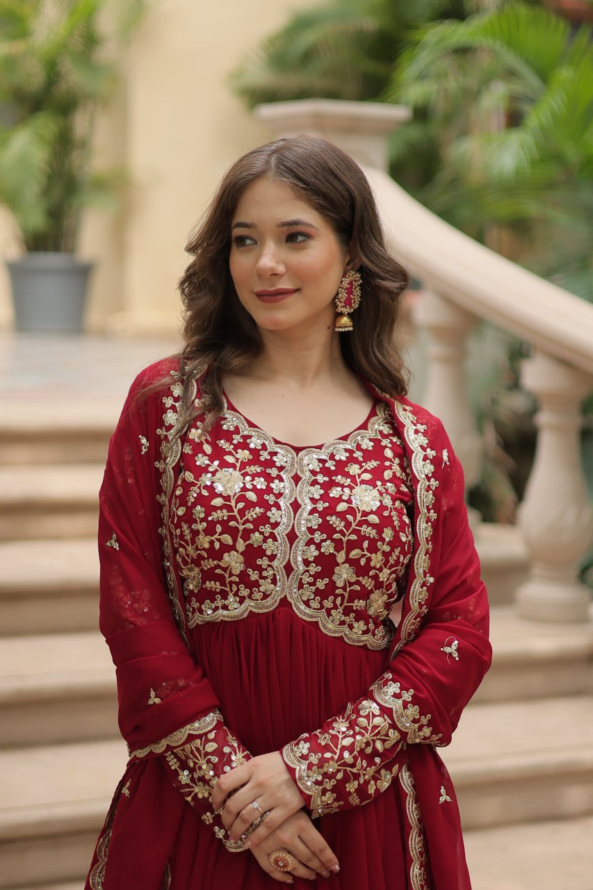 AMRITA PREMIUM WINE FAUX BLOOMING GOWN WITH SEQUINS EMBROIDERED WORK