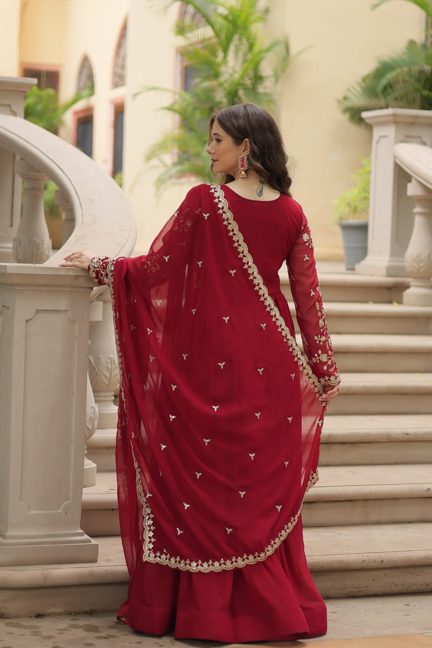 AMRITA PREMIUM WINE FAUX BLOOMING GOWN WITH SEQUINS EMBROIDERED WORK