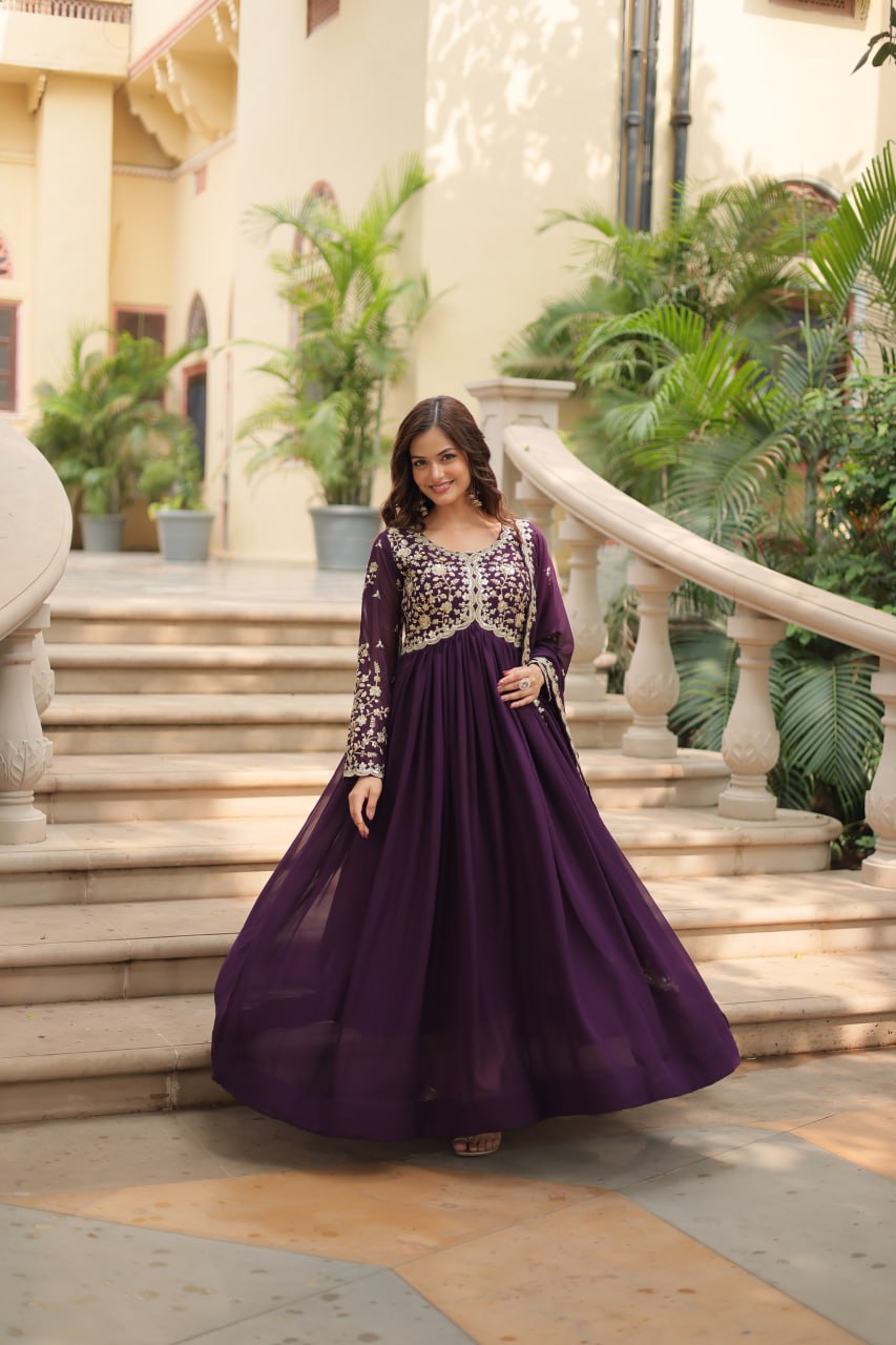 AMRITA PREMIUM WINE FAUX BLOOMING GOWN WITH SEQUINS EMBROIDERED WORK