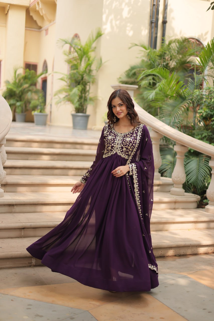 AMRITA PREMIUM WINE FAUX BLOOMING GOWN WITH SEQUINS EMBROIDERED WORK
