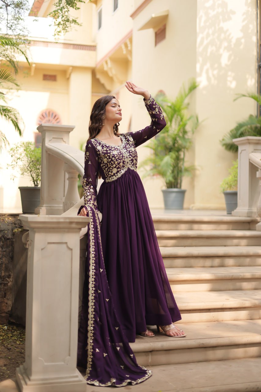 AMRITA PREMIUM WINE FAUX BLOOMING GOWN WITH SEQUINS EMBROIDERED WORK