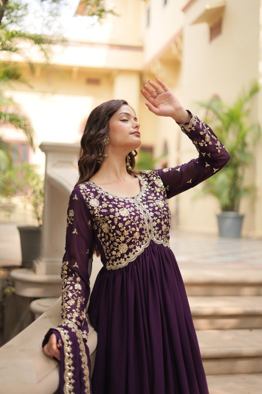 AMRITA PREMIUM WINE FAUX BLOOMING GOWN WITH SEQUINS EMBROIDERED WORK