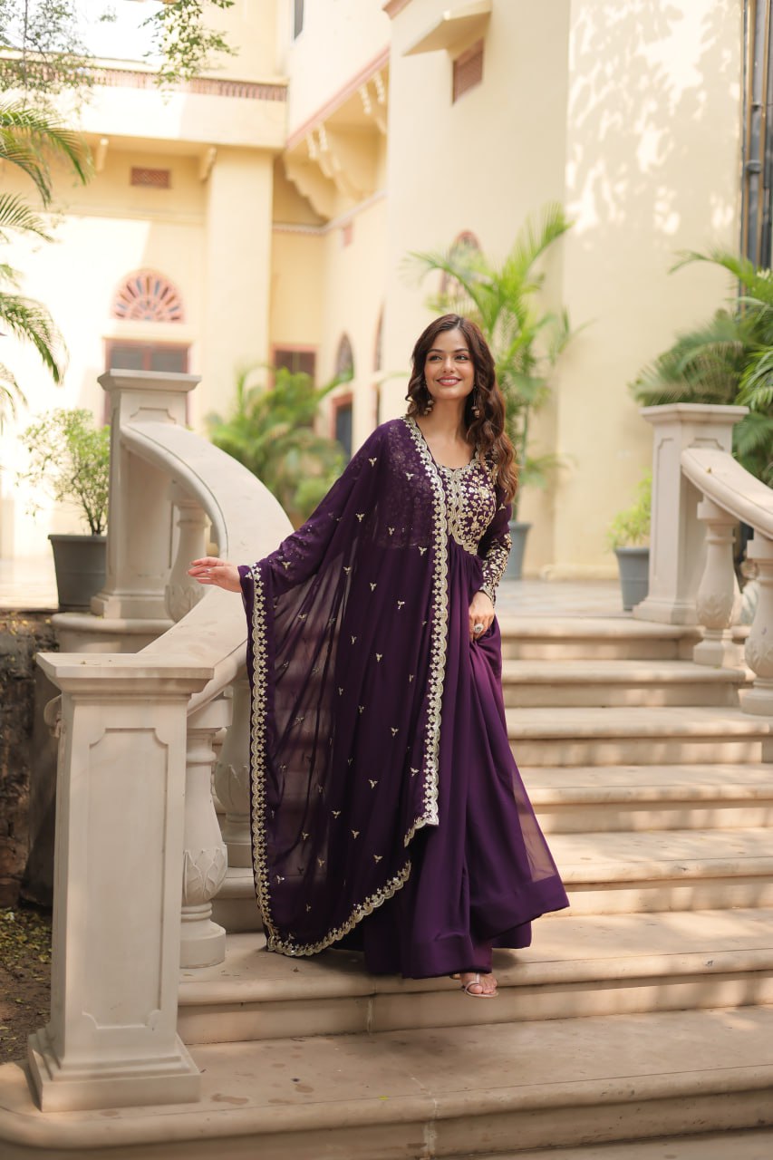 AMRITA PREMIUM WINE FAUX BLOOMING GOWN WITH SEQUINS EMBROIDERED WORK