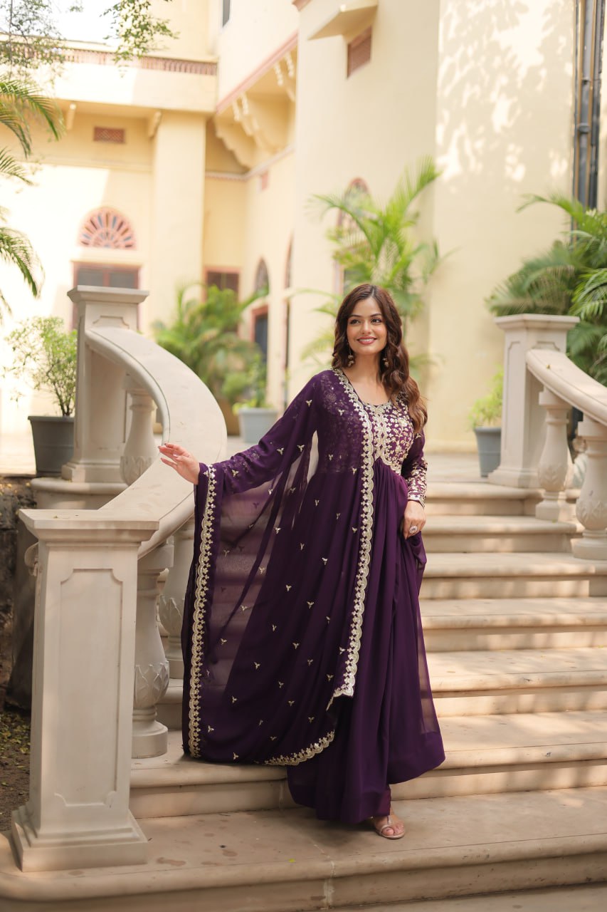 AMRITA PREMIUM WINE FAUX BLOOMING GOWN WITH SEQUINS EMBROIDERED WORK
