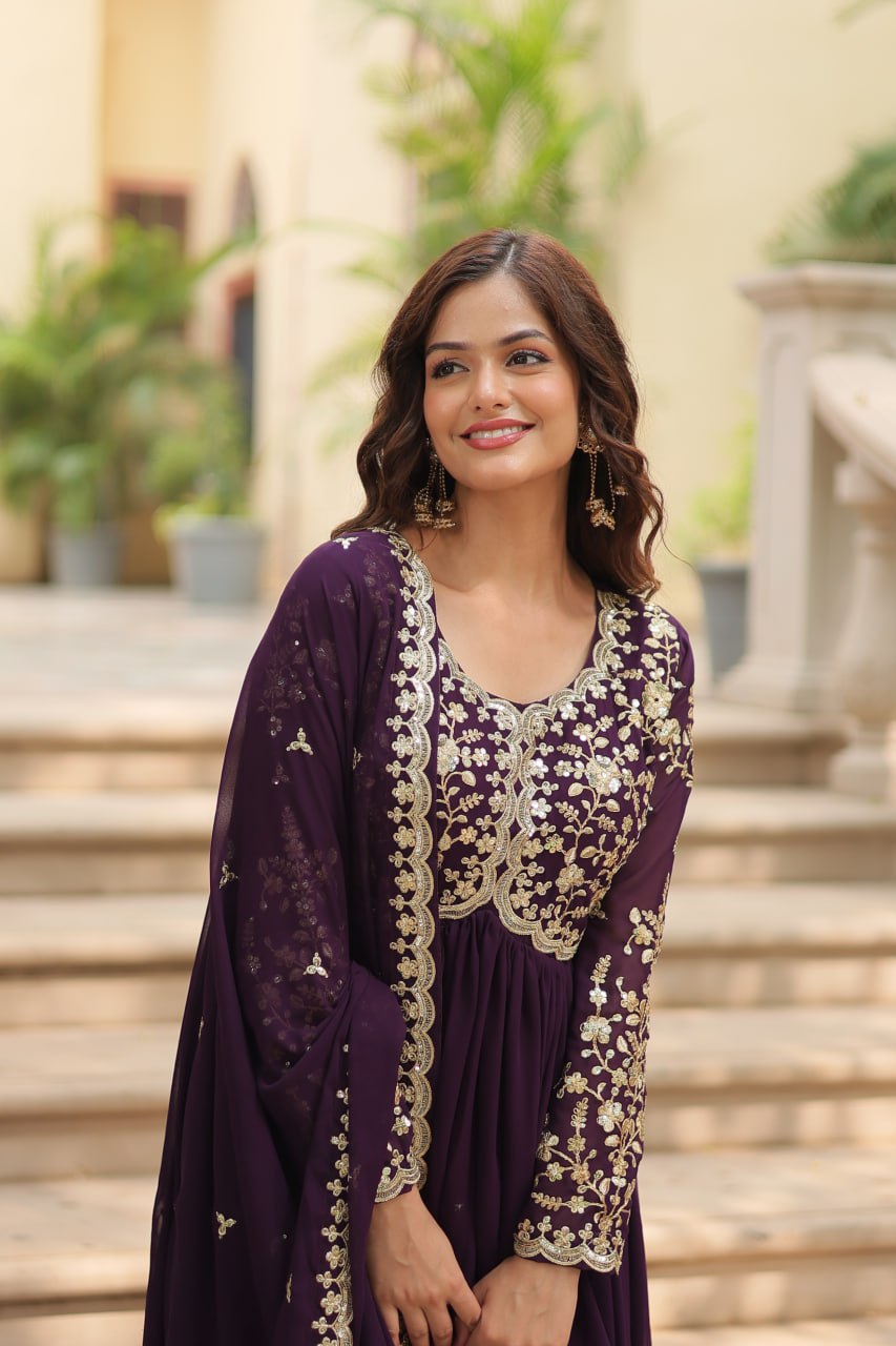 AMRITA PREMIUM WINE FAUX BLOOMING GOWN WITH SEQUINS EMBROIDERED WORK