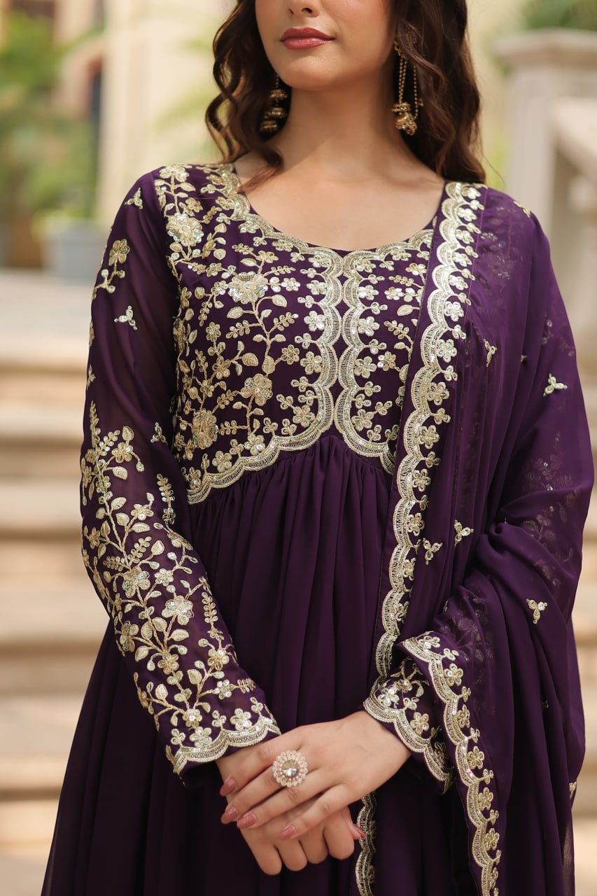 AMRITA PREMIUM WINE FAUX BLOOMING GOWN WITH SEQUINS EMBROIDERED WORK