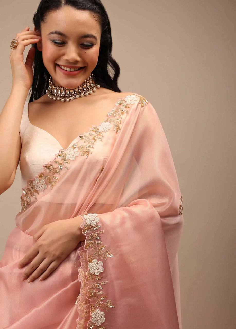 Rashi Peach Coloured Zimichu Silk hand Work Beads Pearl Work Saree