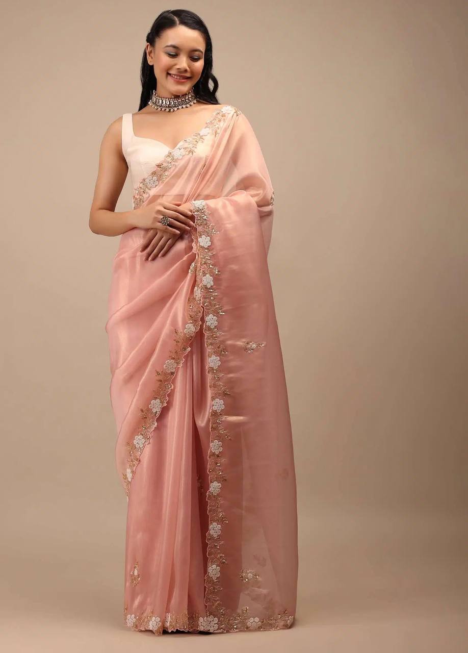Rashi Peach Coloured Zimichu Silk hand Work Beads Pearl Work Saree