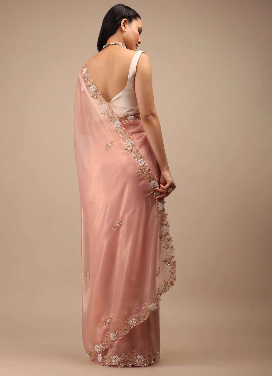 Rashi Peach Coloured Zimichu Silk hand Work Beads Pearl Work Saree