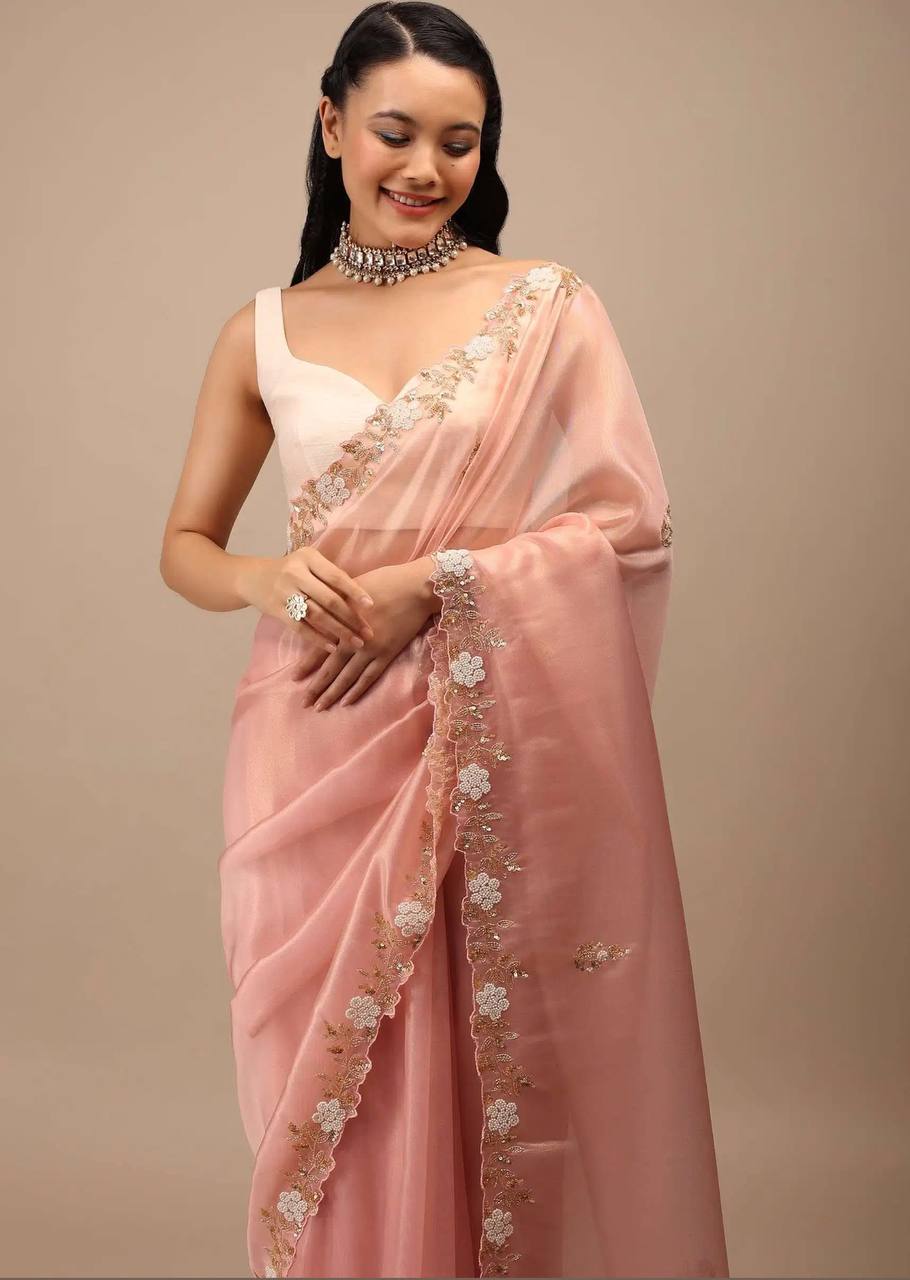 Rashi Peach Coloured Zimichu Silk hand Work Beads Pearl Work Saree