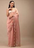 Rashi Peach Coloured Zimichu Silk hand Work Beads Pearl Work Saree