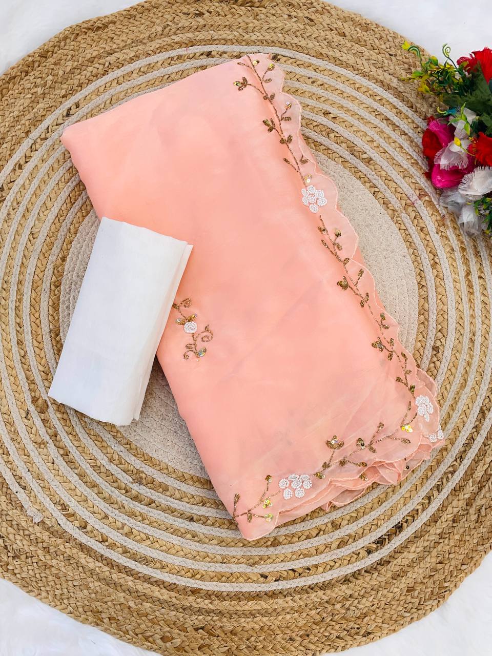 Rashi Peach Coloured Zimichu Silk hand Work Beads Pearl Work Saree