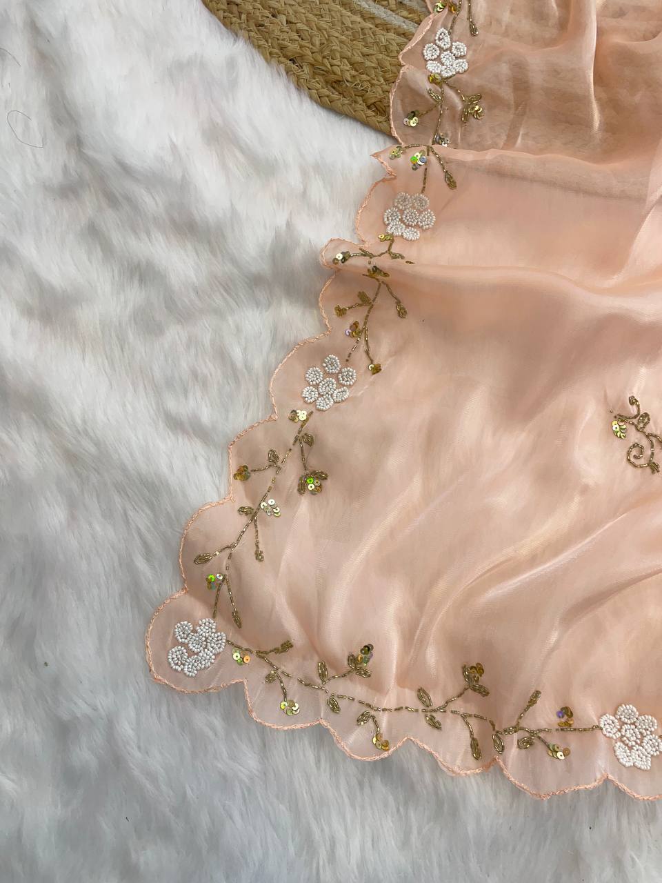 Rashi Peach Coloured Zimichu Silk hand Work Beads Pearl Work Saree