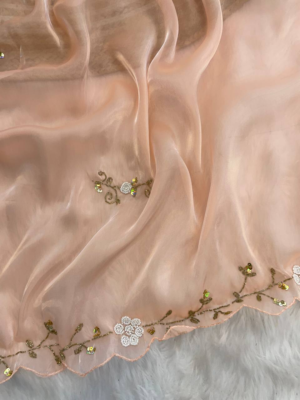 Rashi Peach Coloured Zimichu Silk hand Work Beads Pearl Work Saree
