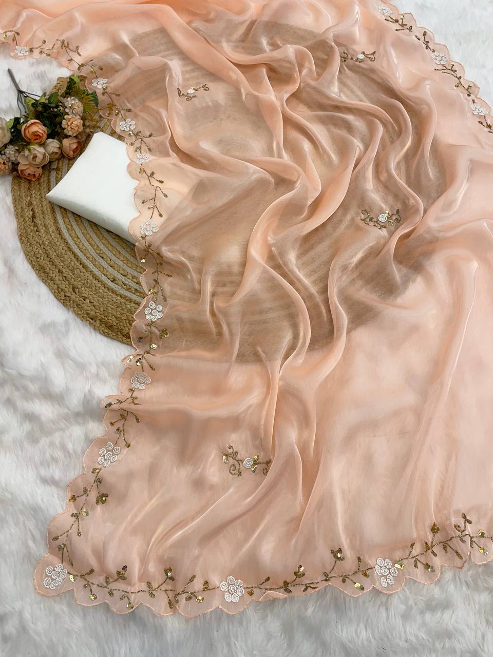 Rashi Peach Coloured Zimichu Silk hand Work Beads Pearl Work Saree
