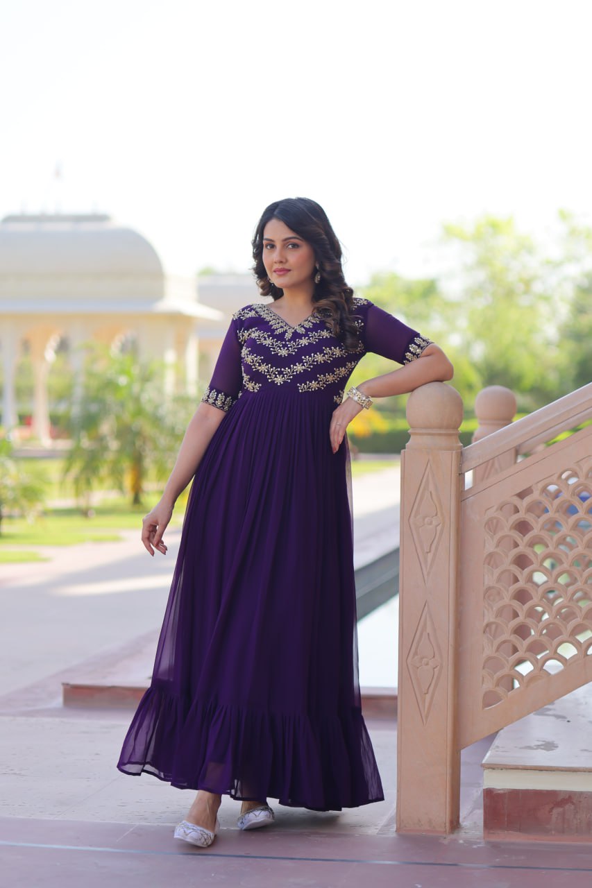 VAIDEHI FULLY FLARED PURPLE FAUX BLOOMING GOWN WITH RICH SEQUINS BEADS EMBROIDERED WORK