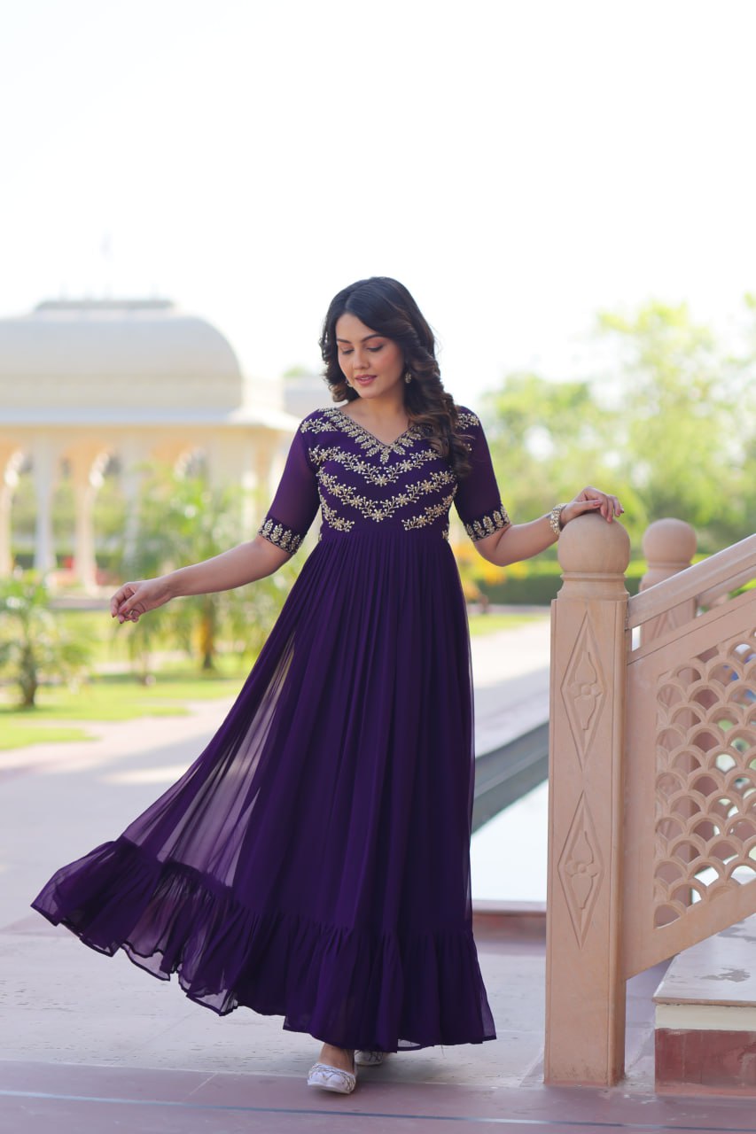 VAIDEHI FULLY FLARED PURPLE FAUX BLOOMING GOWN WITH RICH SEQUINS BEADS EMBROIDERED WORK