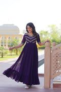 VAIDEHI FULLY FLARED PURPLE FAUX BLOOMING GOWN WITH RICH SEQUINS BEADS EMBROIDERED WORK