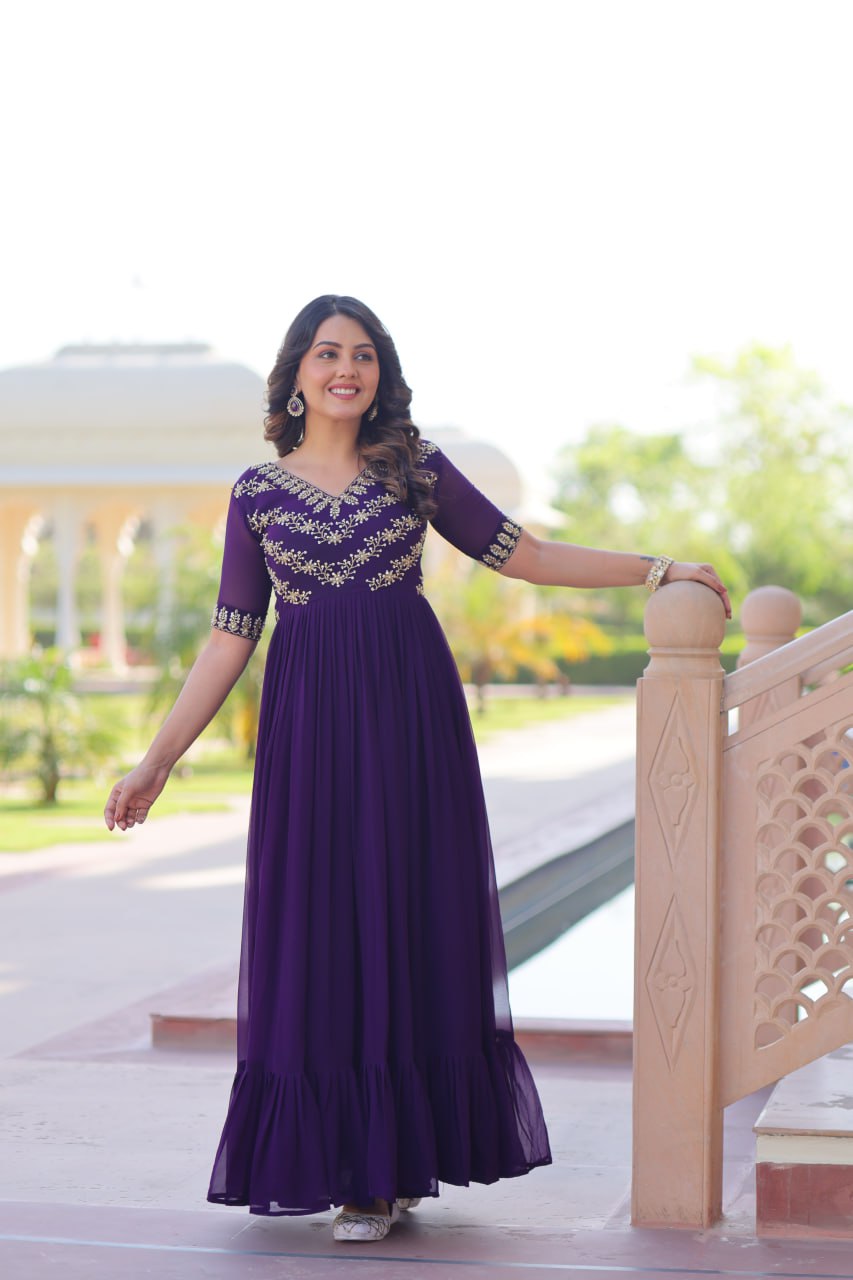 VAIDEHI FULLY FLARED PURPLE FAUX BLOOMING GOWN WITH RICH SEQUINS BEADS EMBROIDERED WORK