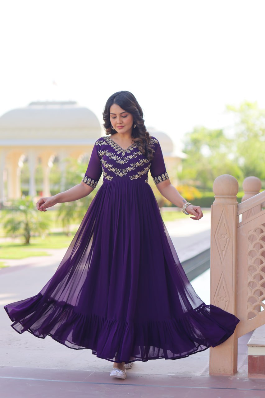 VAIDEHI FULLY FLARED PURPLE FAUX BLOOMING GOWN WITH RICH SEQUINS BEADS EMBROIDERED WORK