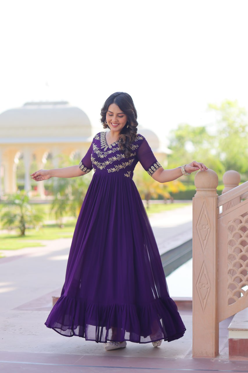 VAIDEHI FULLY FLARED PURPLE FAUX BLOOMING GOWN WITH RICH SEQUINS BEADS EMBROIDERED WORK