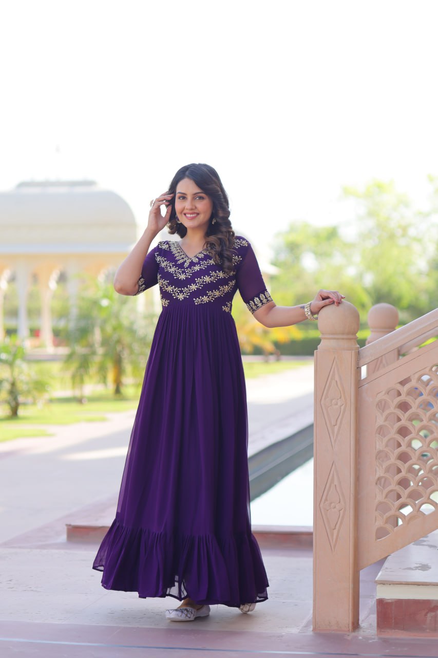VAIDEHI FULLY FLARED PURPLE FAUX BLOOMING GOWN WITH RICH SEQUINS BEADS EMBROIDERED WORK