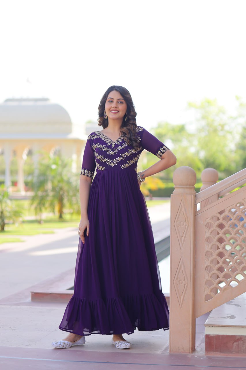 VAIDEHI FULLY FLARED PURPLE FAUX BLOOMING GOWN WITH RICH SEQUINS BEADS EMBROIDERED WORK