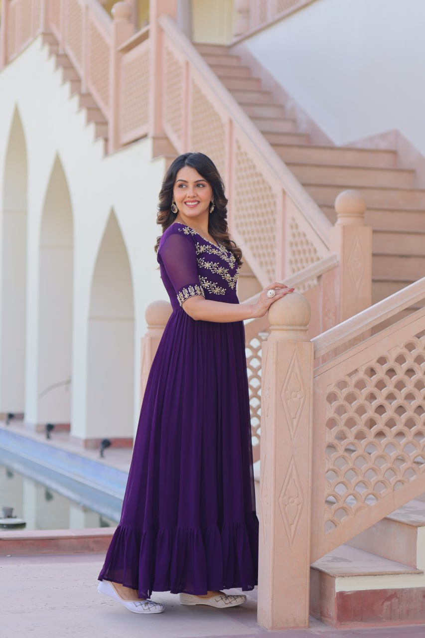 VAIDEHI FULLY FLARED PURPLE FAUX BLOOMING GOWN WITH RICH SEQUINS BEADS EMBROIDERED WORK