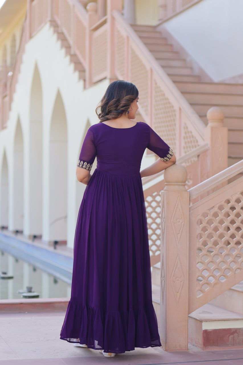 VAIDEHI FULLY FLARED PURPLE FAUX BLOOMING GOWN WITH RICH SEQUINS BEADS EMBROIDERED WORK