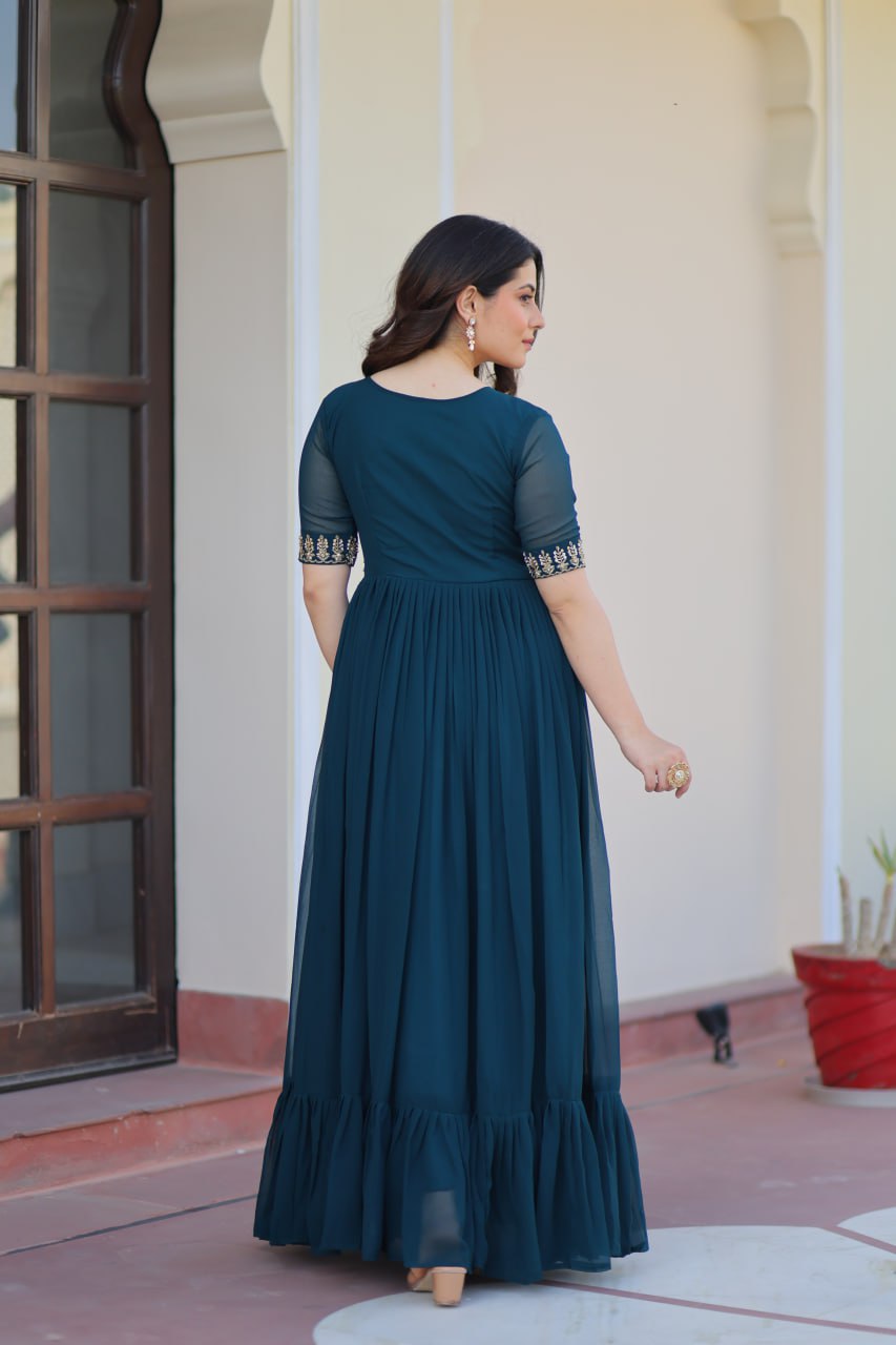 VAIDEHI FULLY FLARED RAMA FAUX BLOOMING GOWN WITH RICH SEQUINS BEADS EMBROIDERED WORK
