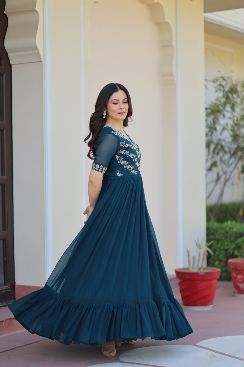 VAIDEHI FULLY FLARED RAMA FAUX BLOOMING GOWN WITH RICH SEQUINS BEADS EMBROIDERED WORK
