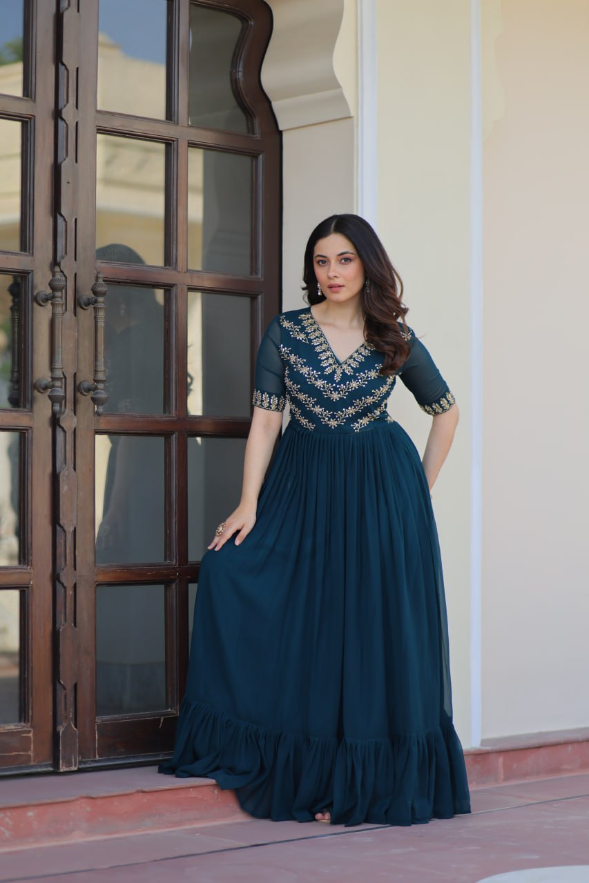 VAIDEHI FULLY FLARED RAMA FAUX BLOOMING GOWN WITH RICH SEQUINS BEADS EMBROIDERED WORK