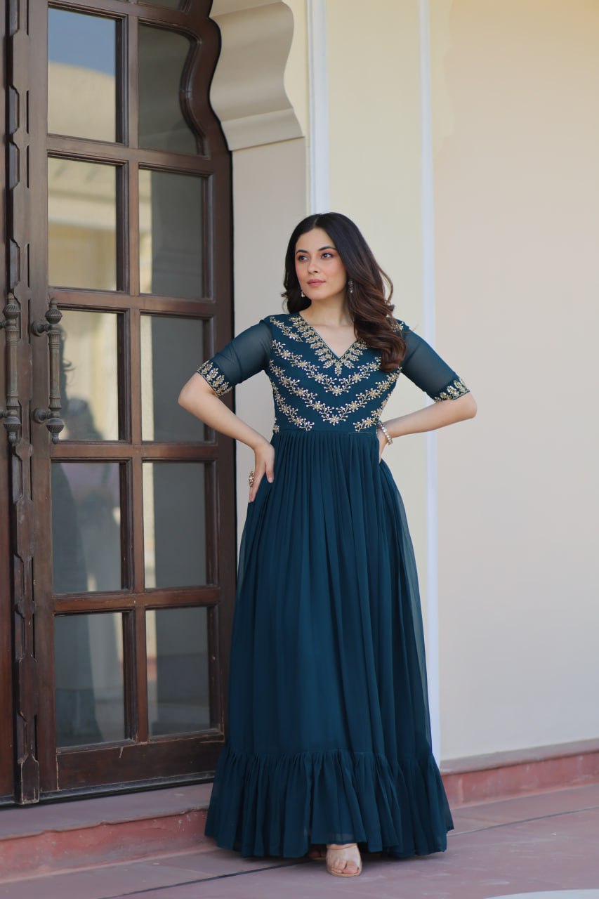 VAIDEHI FULLY FLARED RAMA FAUX BLOOMING GOWN WITH RICH SEQUINS BEADS EMBROIDERED WORK